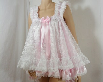 Sissy rosa satén encaje doble capa bebé vestido bebé muñeca camisón negligee top cosplay vestido de lujo CD TV todos los tamaños kawaii