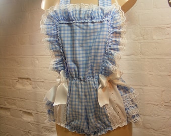 adult baby sissy abdl gingham romper sunsuit dungarees frilly bum op linings w/proof terry toweling pvc chain lock more colours available