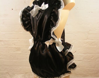 adult baby sissy abdl black and white french maid satin romper sunsuit dungarees frilly bum chain lock