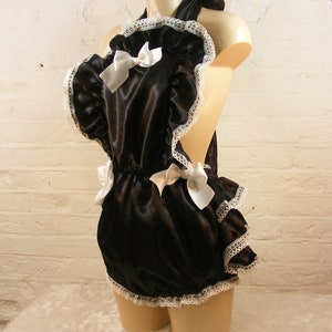 adult baby sissy abdl black and white french maid satin romper sunsuit dungarees frilly bum chain lock image 1