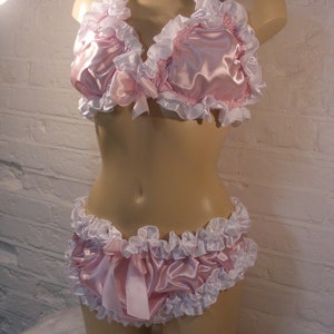 sissy pink white satin ruffled bra panties set top knickers mens lingerie underwear all sizes