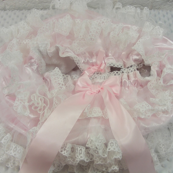 sissy ABDL knickers pants diaper cover pink satin frilly tulle lace  all round front & back opt chain + lock CD TV fancydress adult baby