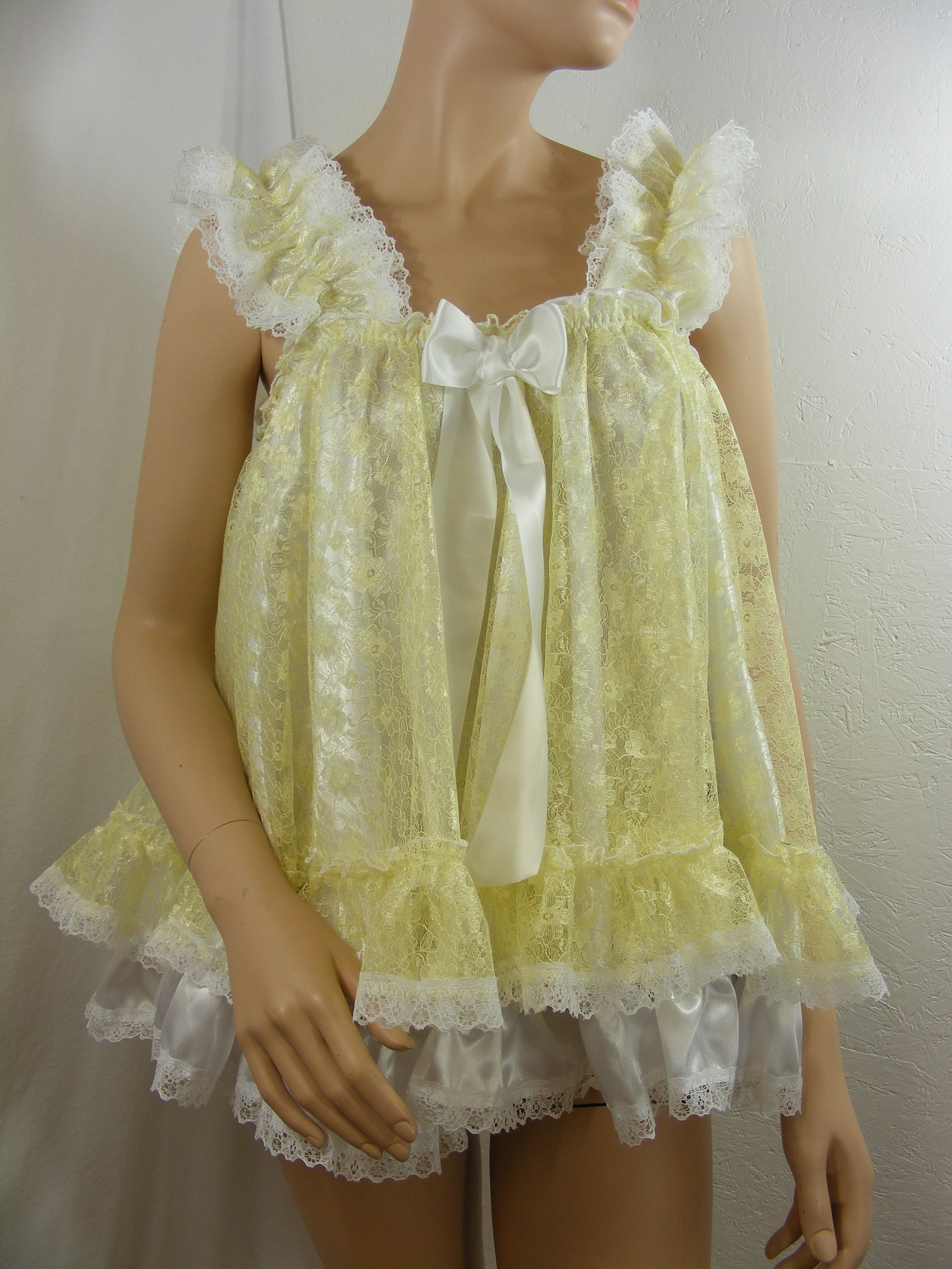Louis Vuitton Yellow Cotton White Lace Babydoll Dress Vintage Y2K