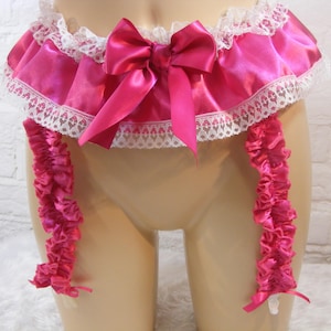sissy suspender garter belt cerise satin and LACE lingerie knickers panties all sizes inc plus 4 or 6 OR 8 strap