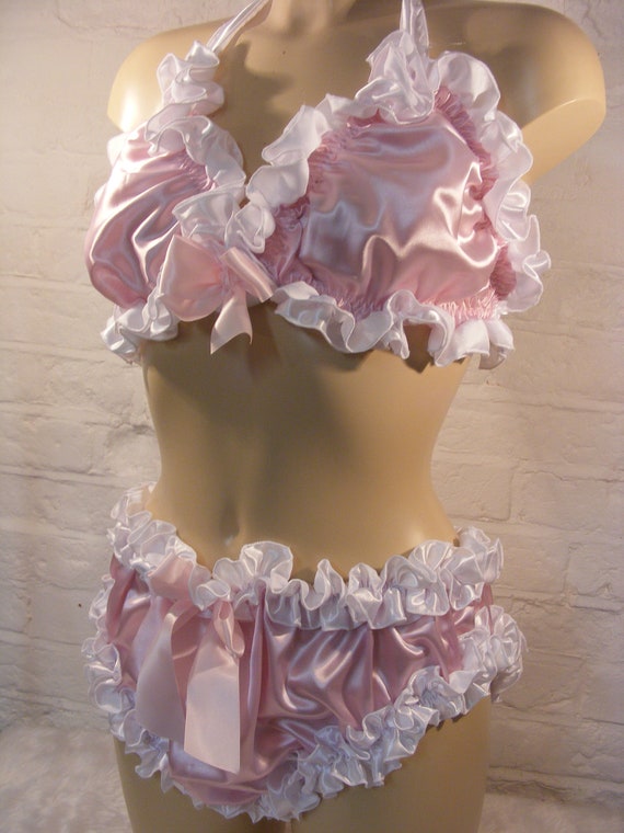 Sissy Pink White Satin Ruffled Bra Panties Set Top Knickers Mens Lingerie  Underwear All Sizes 
