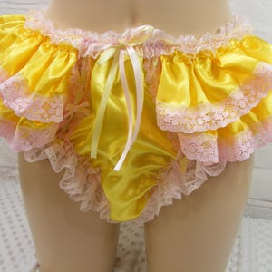 sissy panties yellow  satin pink lace ruffle butt knickers lingerie underwear mens