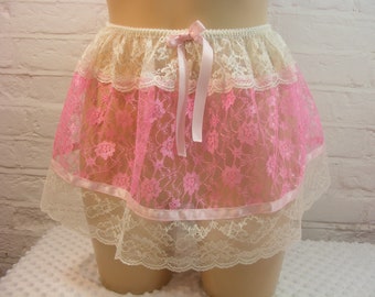 sissy DDLG pink cream lace skirt petticoat  micro mini slip lolita kawaii adult baby cosplay fancy dress waist 46-60 inches ,b84