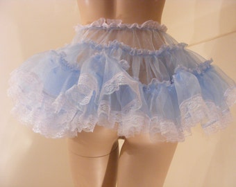sexy sissy adult baby blue organza  micro mini skater skirt  approx 11 inches long,tv fancy dress cross dress, small to plus sizes available