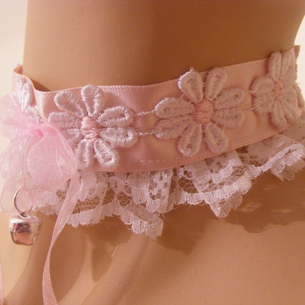 ddlg choker sissy adult baby pink & white daisy lace tinkling bell kitten collar all size available lolita kawaii cosplay fancydress