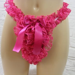 sissy cerise lace ruffle  thong tanga satin panties lingerie knickers