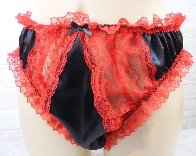 Sissy French Maid Panties Red BLACK Satin Scrunch Butt Lingerie