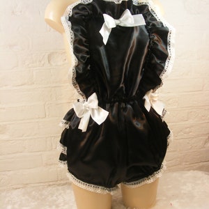adult baby sissy abdl black and white french maid satin romper sunsuit dungarees frilly bum chain lock image 6
