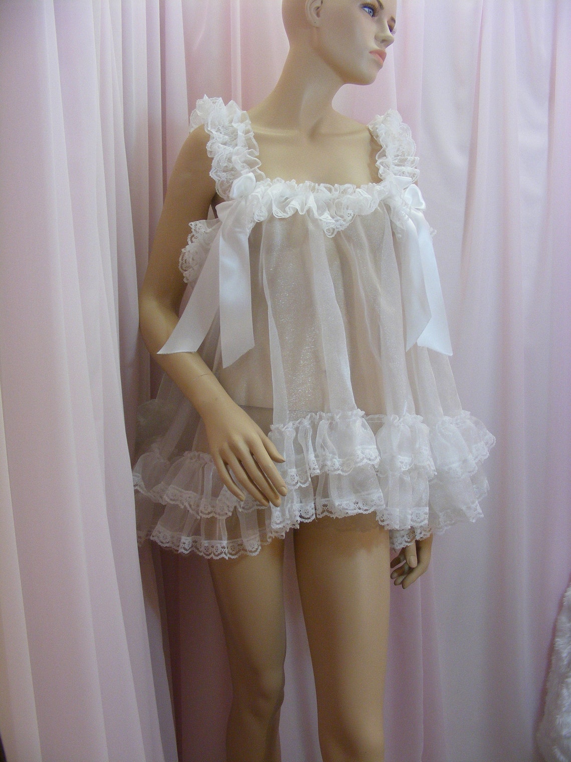 Sissy sheer organza pink or white baby doll nighty negligee | Etsy