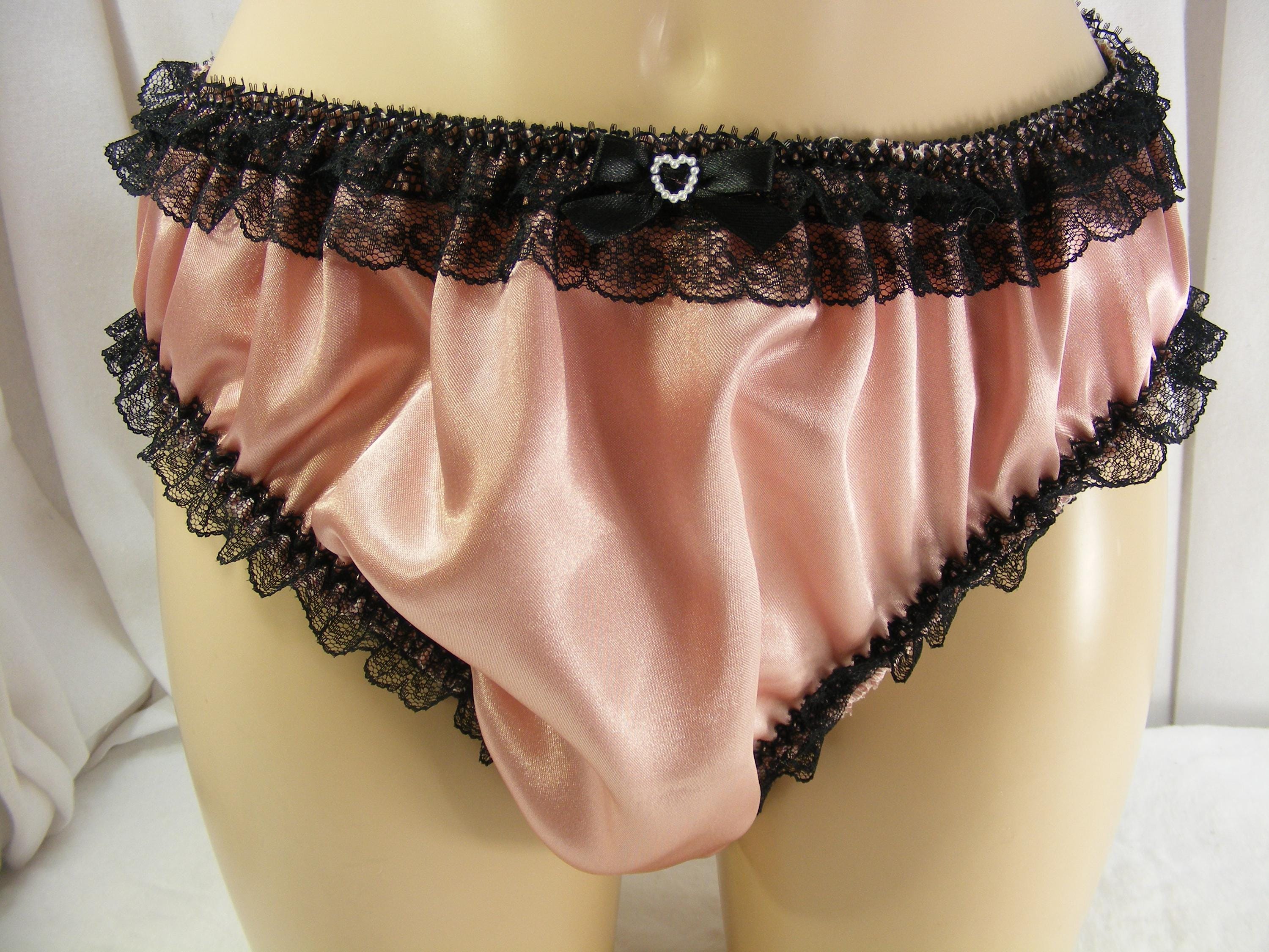 sissy dusky pink satin black lace  knickers lingerie underwear mens ,b99