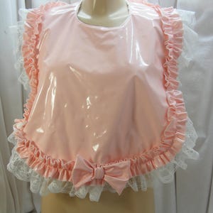 adult baby sissy babY  pvc BABY PINK bib frilly lace  large ABDL
