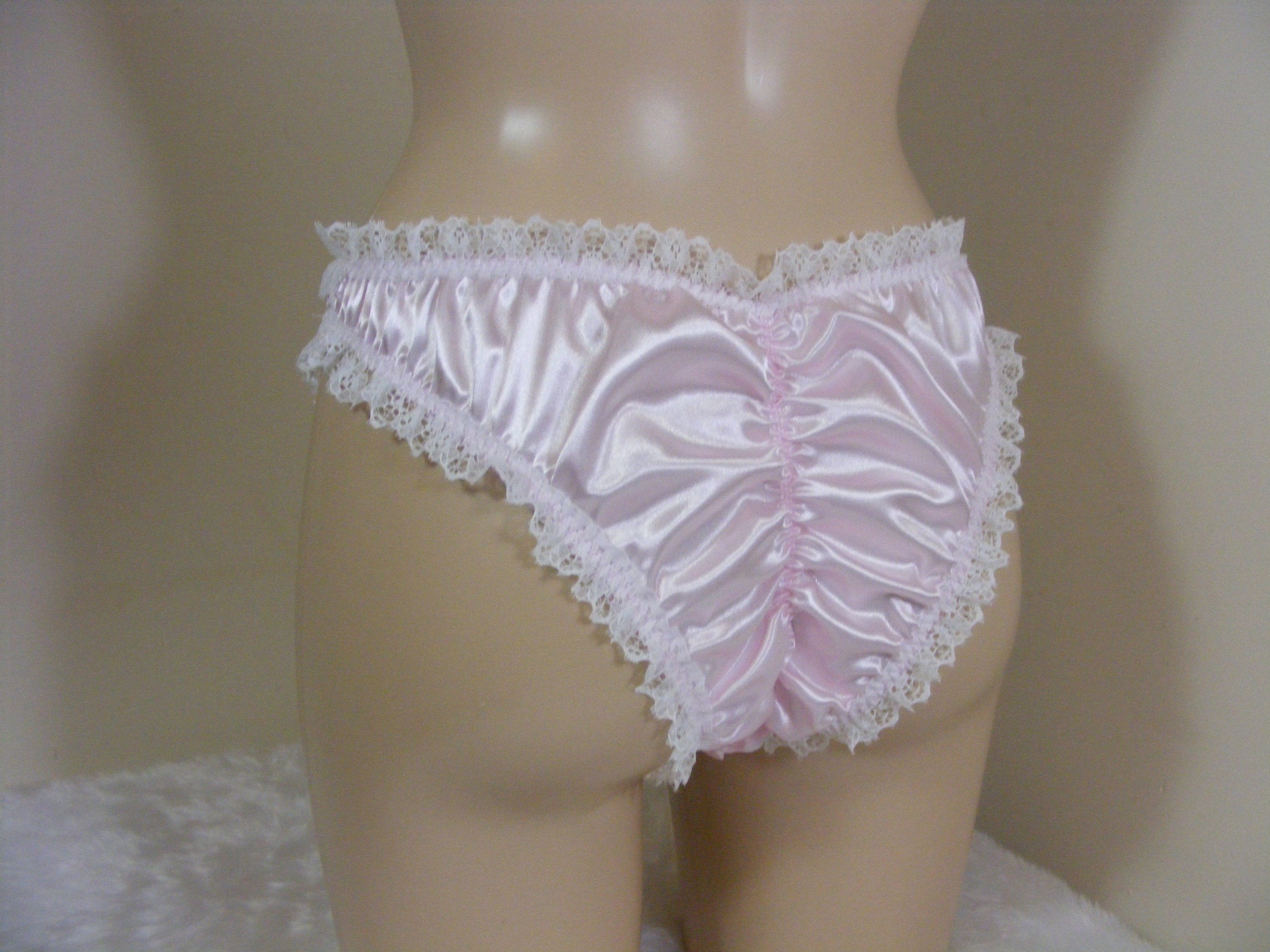 Sissywhite Satin Lace Bra Cheeky Side Tie Scrunch Panties Set Top