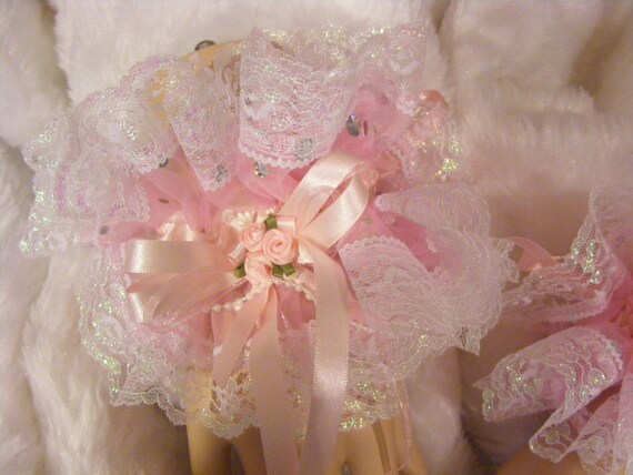 SISSY PINK SEQUIN LACE WRIST CUFFS LOLITA FANCY DRESS OPT BELLS KAWAII COSPLAY