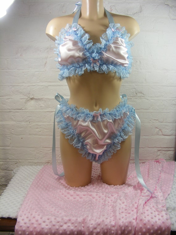 Sissy Blue Pink Satin Lace Bra Cheeky Side Tie Scrunch Panties Set