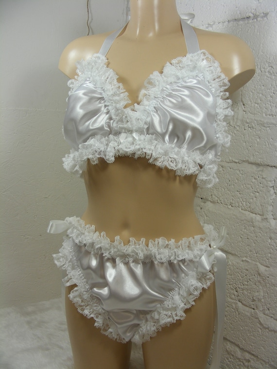 Sissywhite Satin Lace Bra Cheeky Side Tie Scrunch Panties Set Top