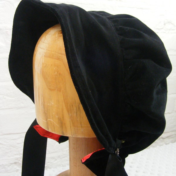 ladies adult black or red velvet bonnet hat regency edwardian victorian prairie fully lined cosplay re-enactment school fancy dress