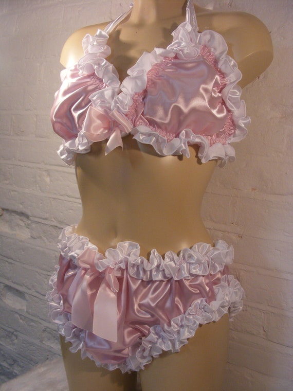 Sissy Pink White Satin Ruffled Bra Panties Set Top Knickers Mens Lingerie  Underwear All Sizes -  Hong Kong