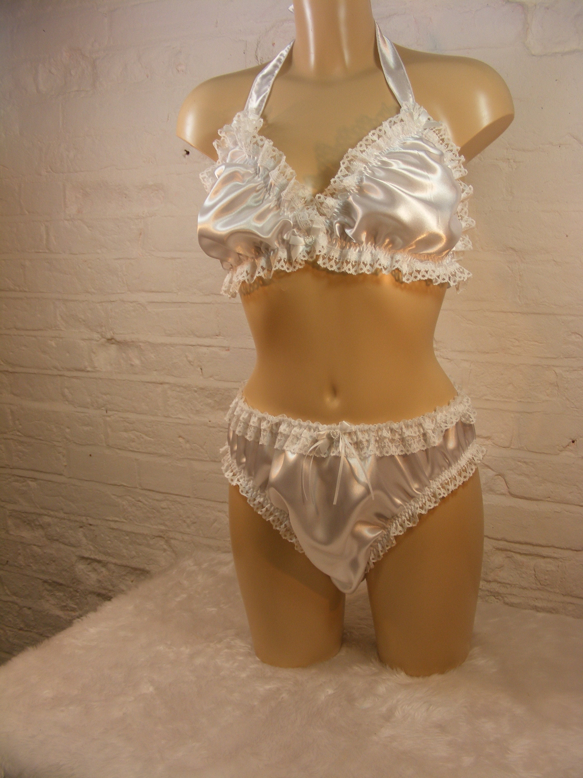 Sissy White Satin Bra & Panties Set Top Knickers Mens Lingerie Underwear -   Denmark