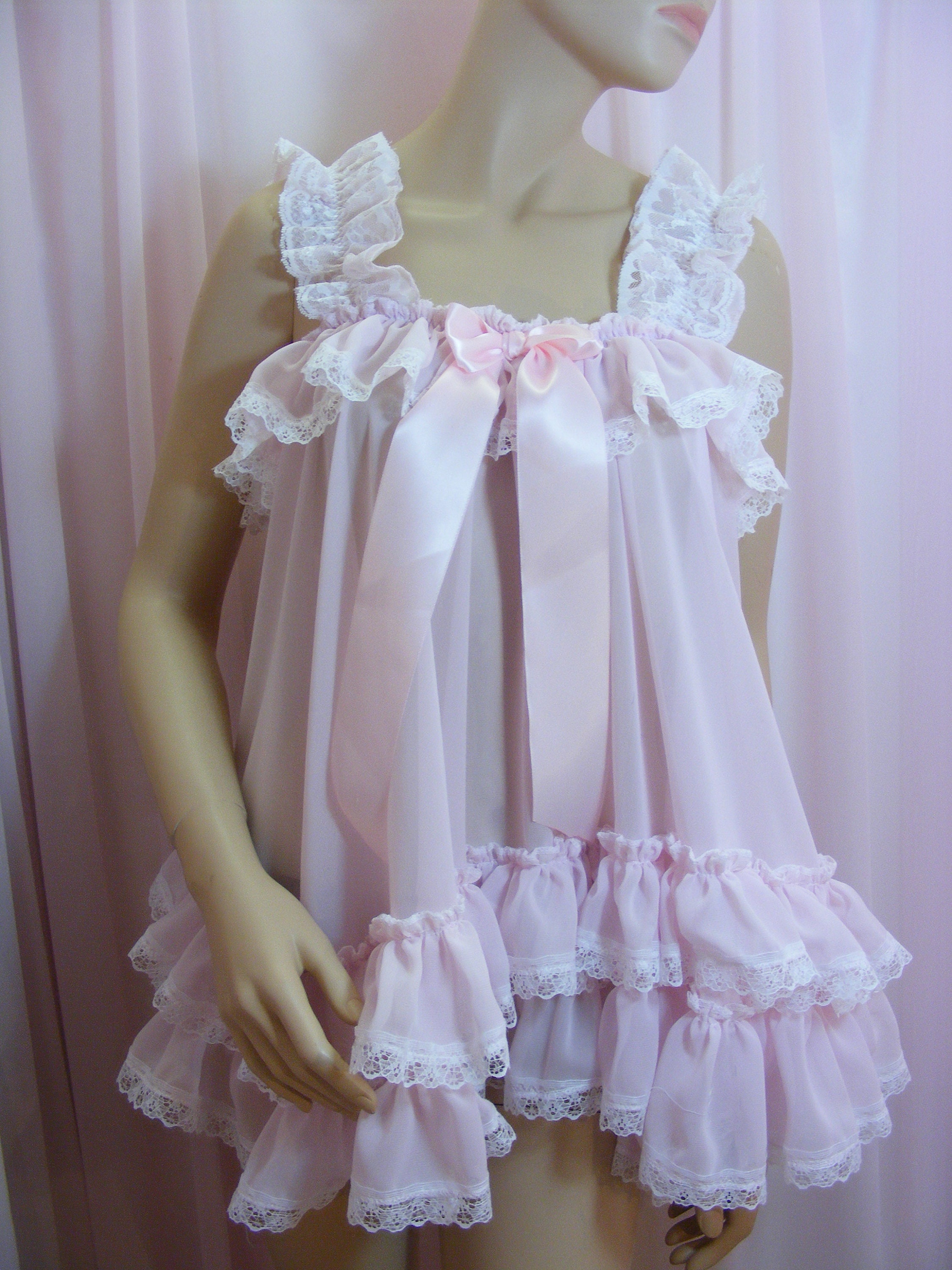 Sissy Sheer Pink Chiffon Baby Doll Nightie Negligee Dress Mens Etsy UK