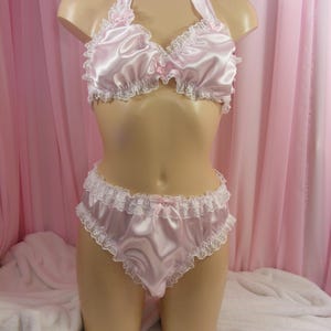 sissy baby pink satin & lace biustonosz majtki zestaw majtki bielizna męska bielizna męska lub damska opcja