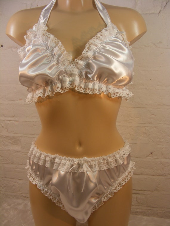 Sissy White Satin Bra & Panties Set Top Knickers Mens Lingerie Underwear 