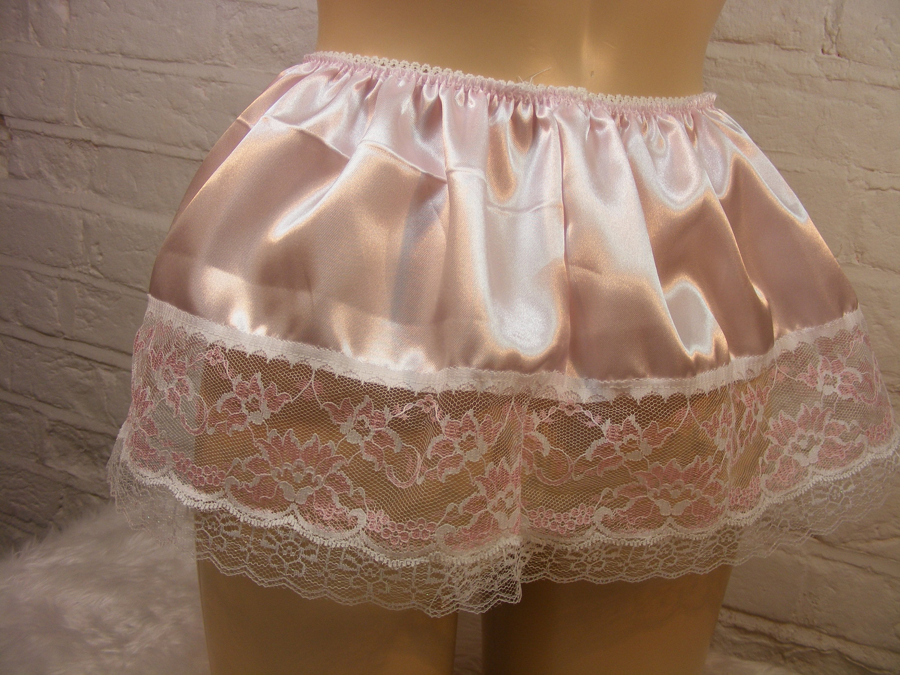 Ddld sissy pink satin & lace mini half slip petticoat skirt Etsy