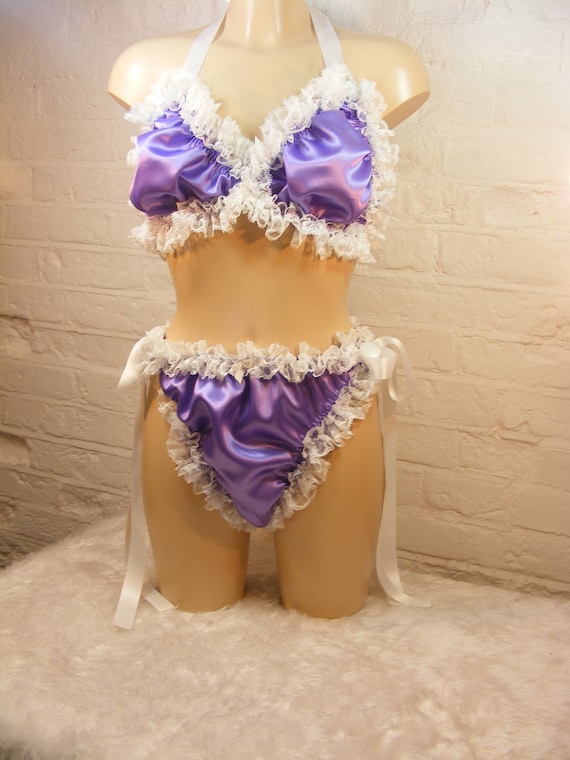 Sissy Purple Satin White Lace Bra Cheeky Side Tie Scrunch Panties Set Top  Knickers Mens Lingerie Underwear 