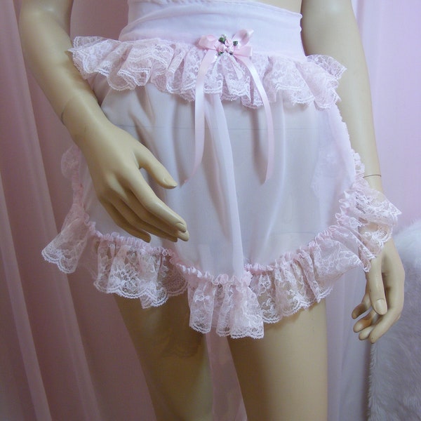 adult baby sissy pink chiffon apron pinny cosplay fancy dress vintage french maid kawaii