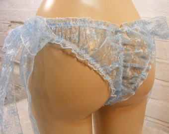 DDLG or sissy cheeky blue panties lace side tie frilly lace scrunch butt  lingerie knickers womens / mens kinky fetish ~CD TV crossdress