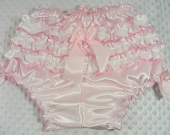 sissy adult baby ABDL pink satin diaper cover nappy lacy extra frilly unlined pvc, lined, waterproof lining bloomers  abdl cosplay