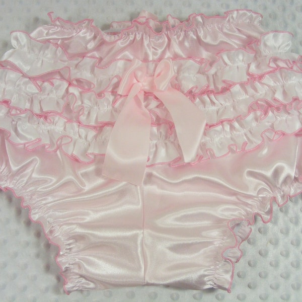 sissy adult baby ABDL pink satin diaper cover nappy lacy extra frilly unlined pvc, lined, waterproof lining bloomers  abdl cosplay