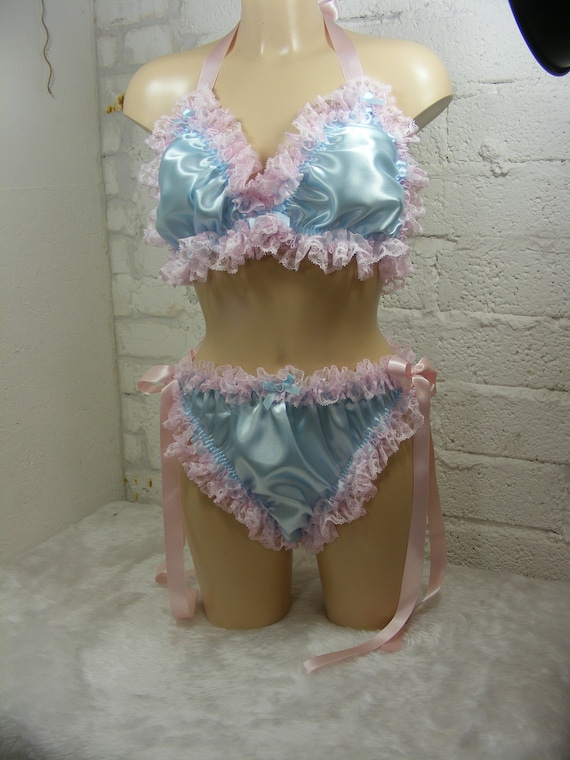 Sissy Pink Blue Satin Lace Bra Cheeky Side Tie Scrunch Panties Set