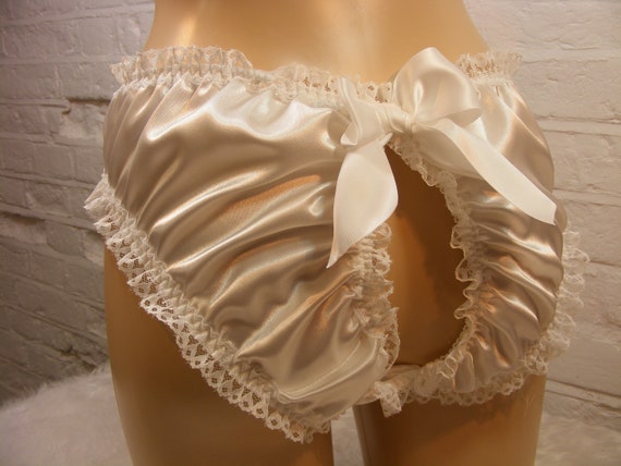 Sissy Panties White Frilly Silky Satin Open Butt Lingerie Knickers