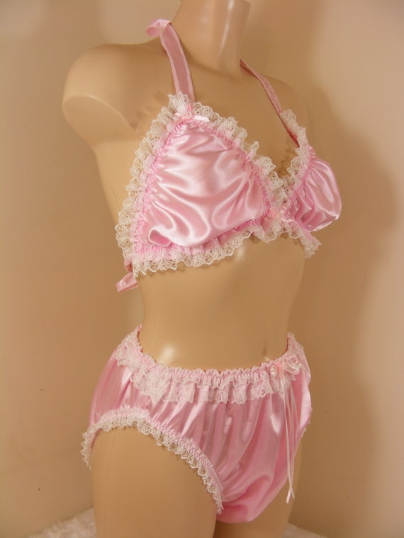 Sissy Silky Pink Satin Bra Panties Set Top Knickers Mens Lingerie