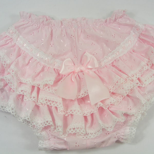 sissy adult baby pink embroidery analgise diaper cover nappy lacy extra frilly unlined pvc, lined, waterproof lining bloomers  abdl cosplay