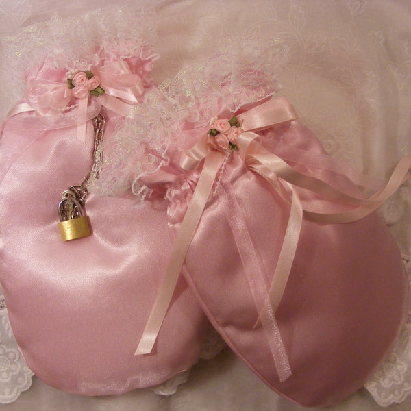 mittens sissy adult baby ABDL satin padded ribbon or chain and padlock also opt bells cosplay