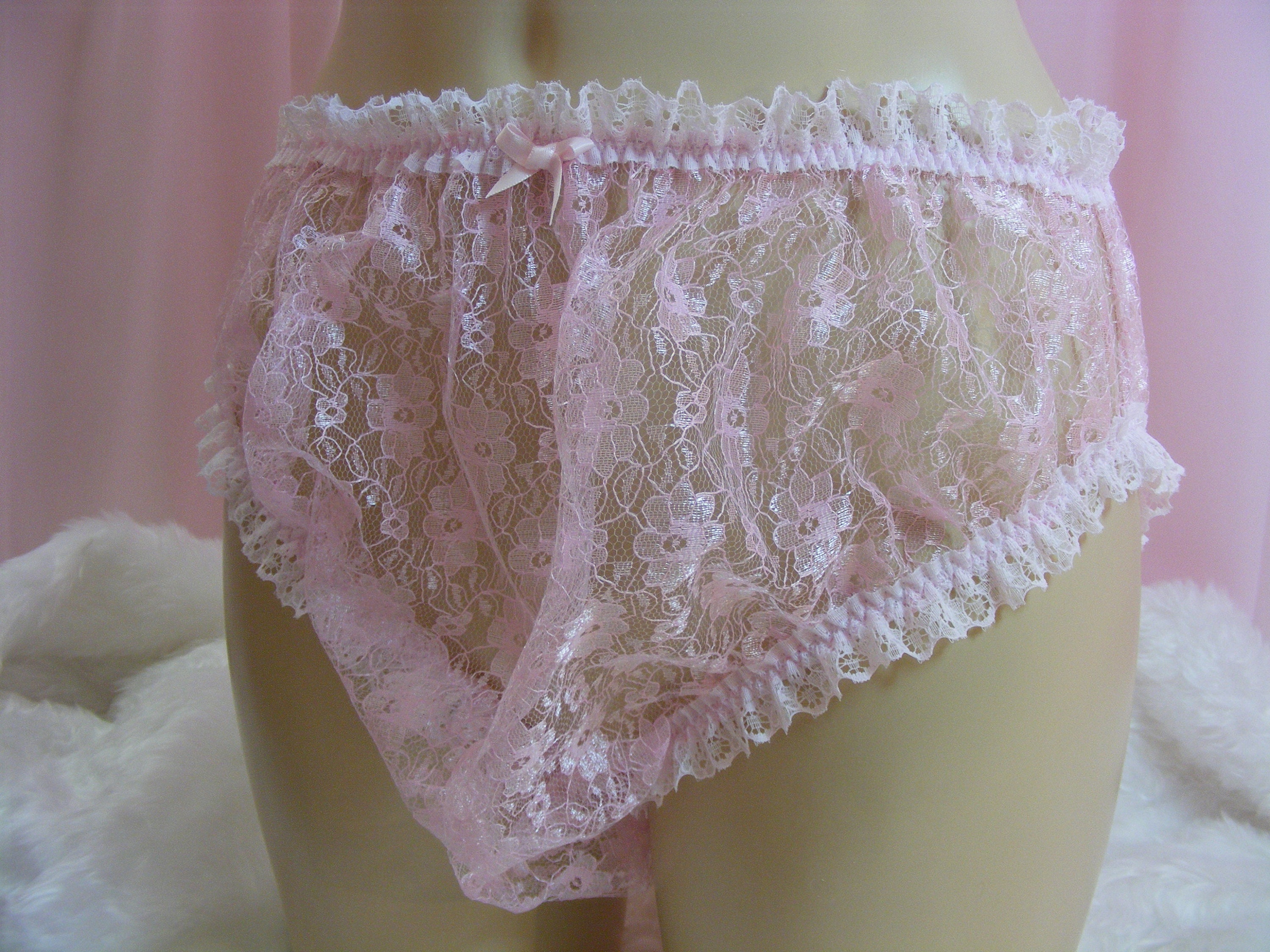 BABY PINK SOFT Nylon Sissy Sheer Frilly Lace Briefs Panties