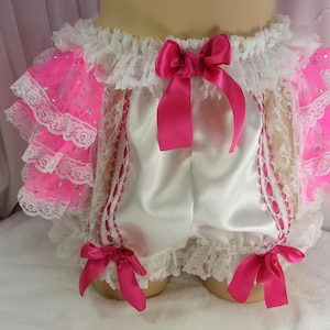 adult baby sissy pink satin sequin organza frilly  diaper cover panties BLOOMER knickers cosplay fancy dress waist 28-42 inches ,b326