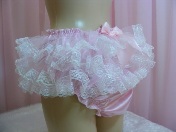 Sissy Pink White Satin Ruffled Bra Panties Set Top Knickers Mens