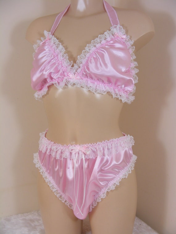 Sissy Silky Pink Satin Bra Panties Set Top Knickers Mens Lingerie