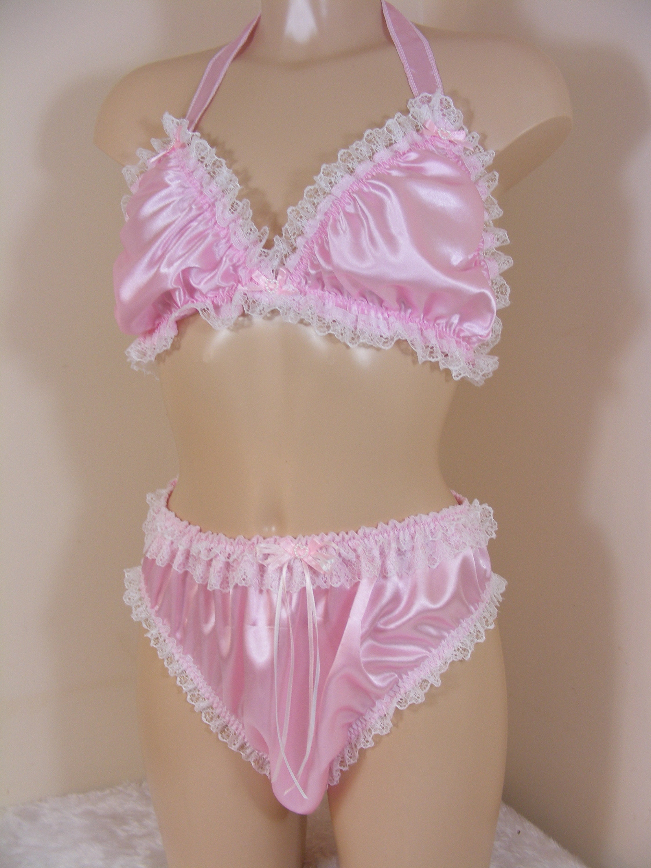 Sissy Silky Pink Satin Bra Panties Set Top Knickers Mens Lingerie