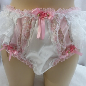 mens sissy DELUXE panties frilly white satin panties lingerie knickers ,b230