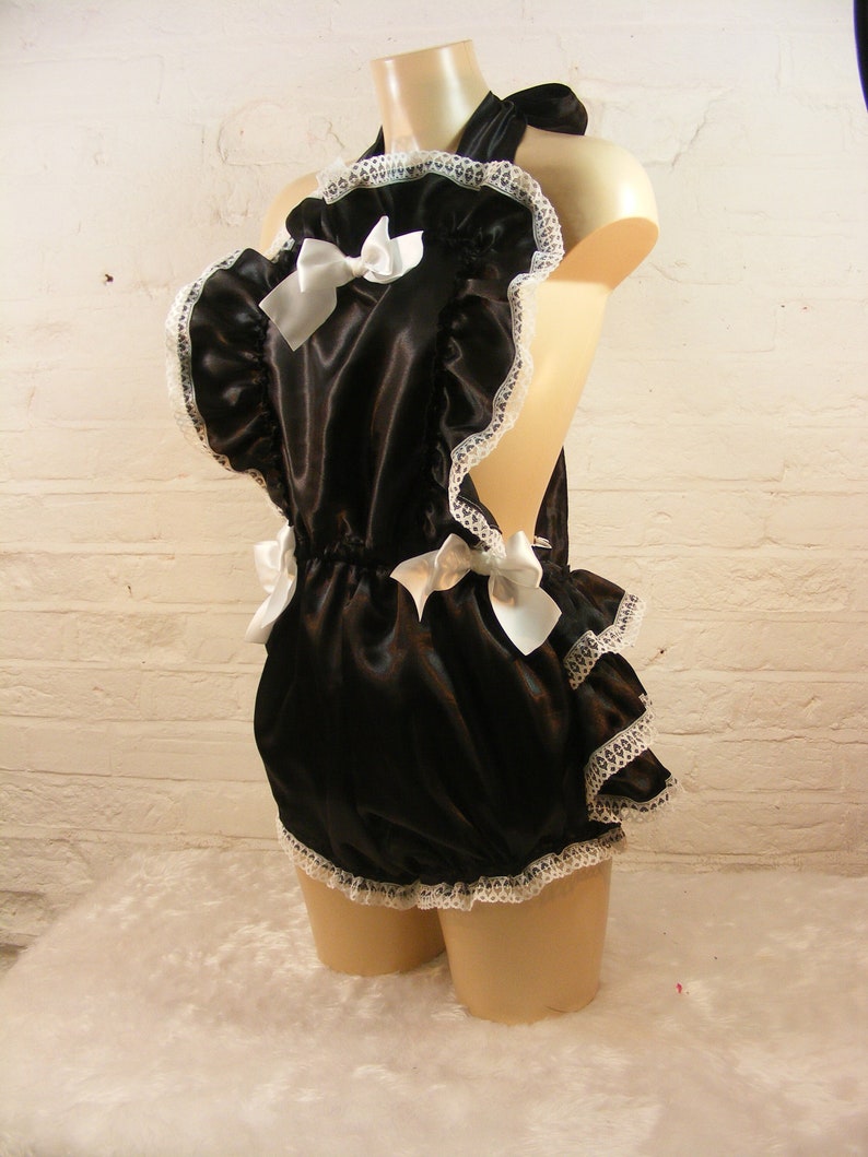 adult baby sissy abdl black and white french maid satin romper sunsuit dungarees frilly bum chain lock image 1