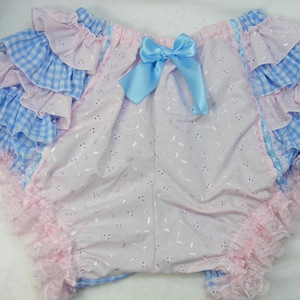 adult baby sissy BLUE gingham & pink lace ruffle bloomer diaper cover knickers  size  waist 30-50 inches ,b311