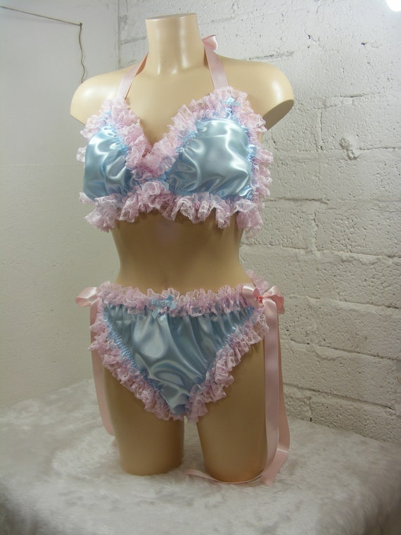 Sissy Pink Blue Satin Lace Bra Cheeky Side Tie Scrunch Panties Set