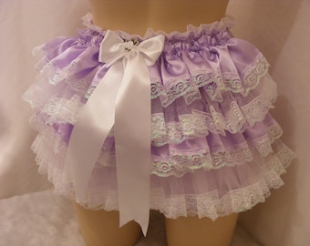 adult baby sissy abdl diaper /nappy cover panties knickers lilac satin frilly bum op linings w/proof terry toweling pvc chain lock